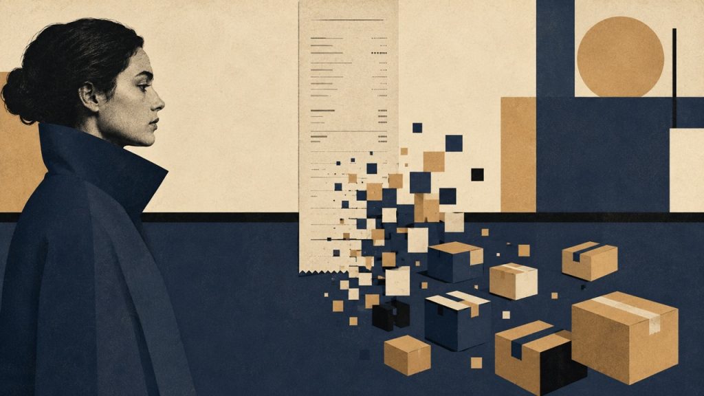 Person looking at a receipt dissolving into scattered pixels and cardboard boxes, illustrating an AI agent making unintended purchases