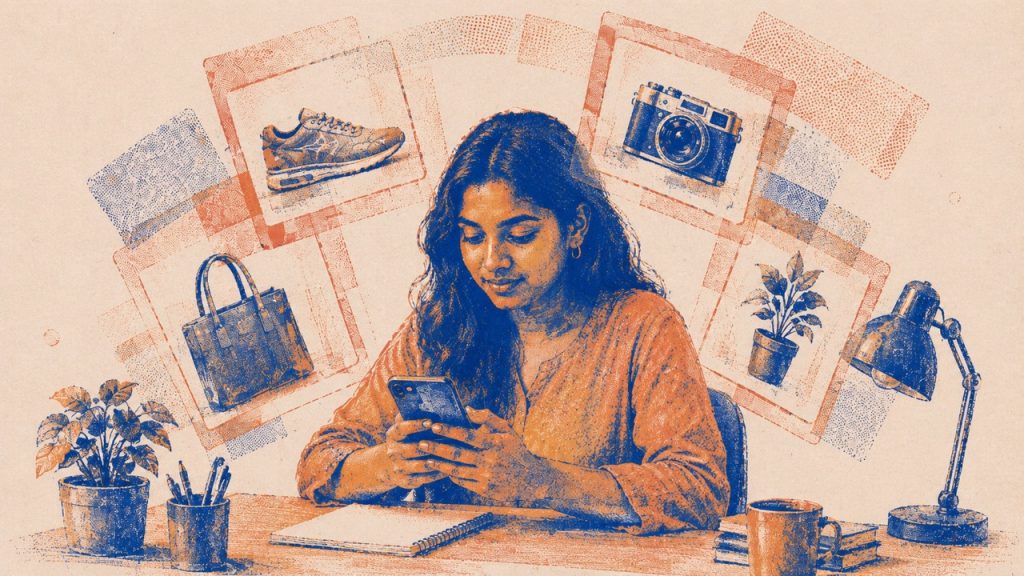 Illustration of a woman browsing on her phone while AI surfaces product cards for shoes, a bag, a camera, and a plant around her