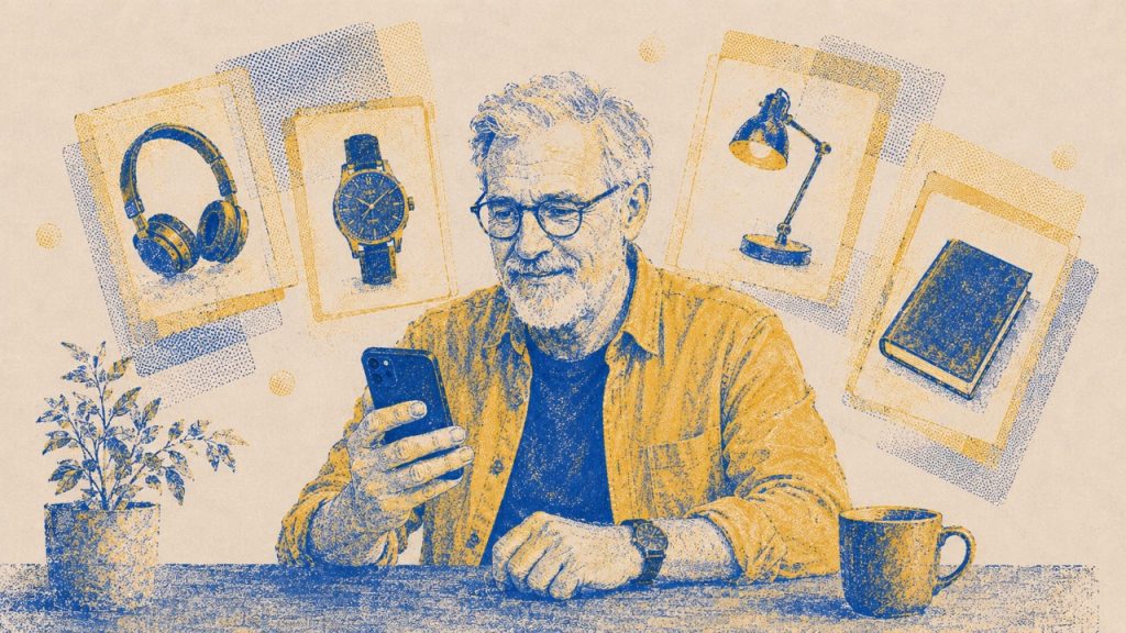 Illustrated man browsing on a smartphone while AI-surfaced product cards—headphones, a watch, a lamp, and a book—appear around him