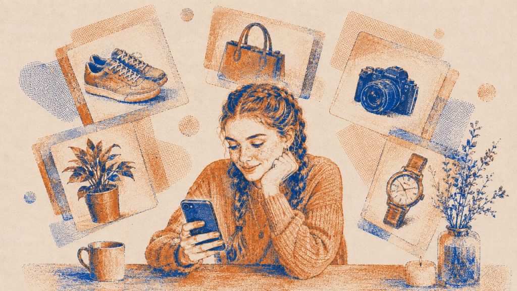 Illustration of a woman browsing on her phone surrounded by AI-surfaced product cards showing shoes, a handbag, a camera, a watch, and a plant