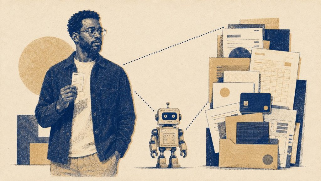 A person holds a single receipt while a small robot connects via dotted lines to a large pile of documents, invoices, and a payment card