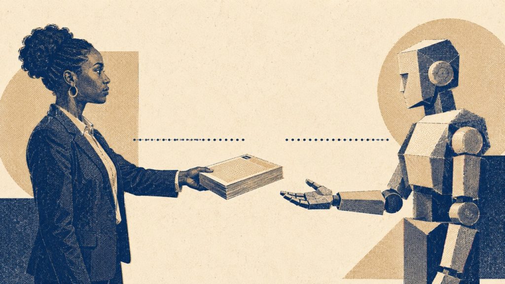 A procurement professional handing a contract document to an AI robot, illustrating human-AI collaboration in B2B procurement