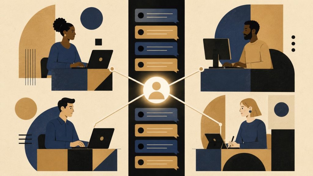 Four team members at separate workstations connected to a single shared AI agent icon via a central Slack-style message thread