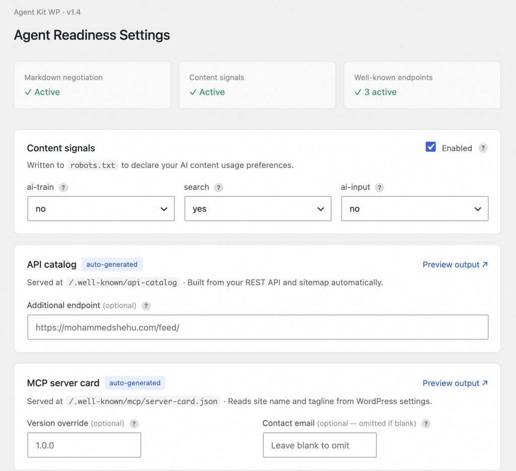 Agent Kit WP v1.4 settings dashboard showing Markdown negotiation, Content signals, and Well-known endpoints all active, with content signal dropdowns set to ai-train: no, search: yes, ai-input: no