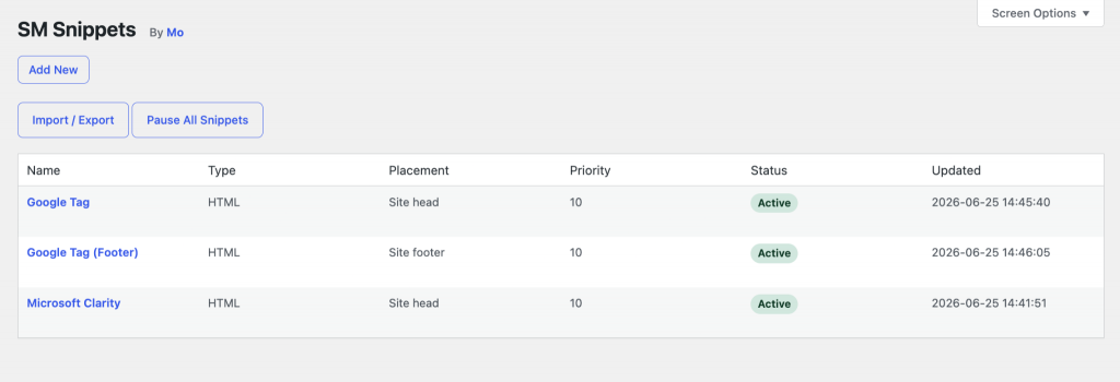 SM Snippets admin list view showing three active HTML snippets: Google Tag in site head, Google Tag in site footer, and Microsoft Clarity in site head